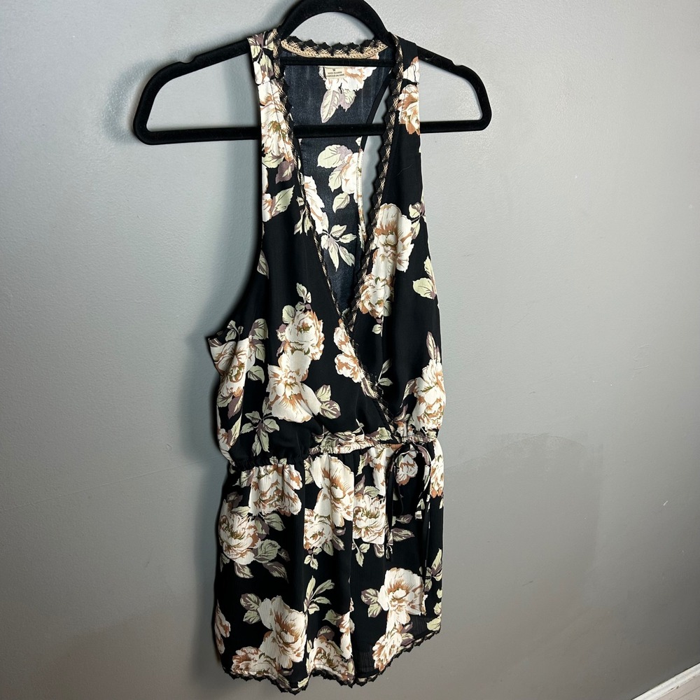 Romantic Whimsical Floral Romper Medium Anama Racerback Black Tan Crochet Lace